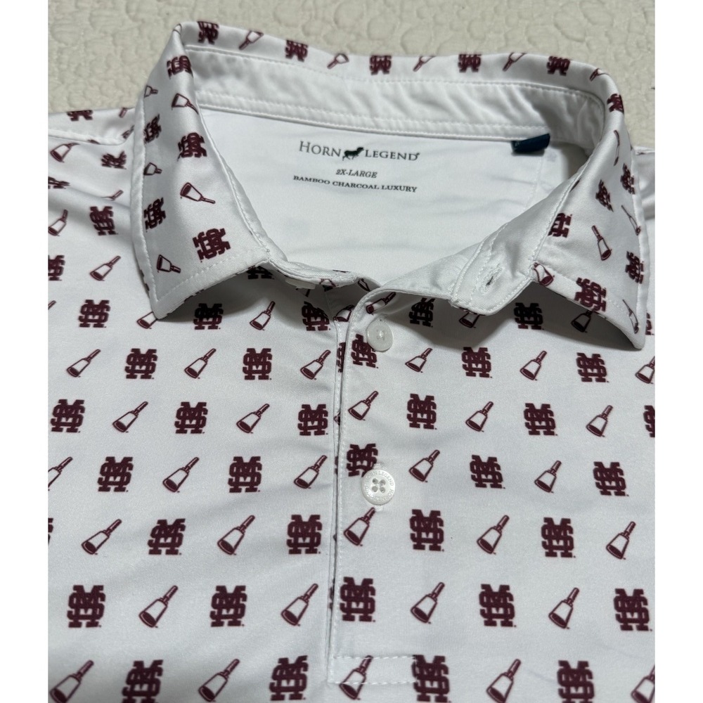 Horn Legend 2XL Bamboo Charcoal Luxury Polo White Maroon MSU Bulldogs Cowbells